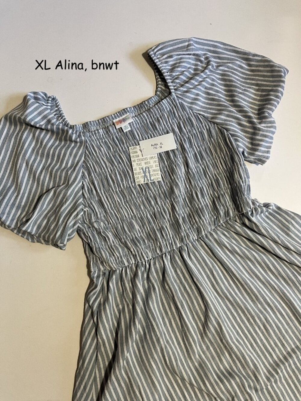 XL Lularoe Alina balloon sleeved smocked dress, blue & white stripes